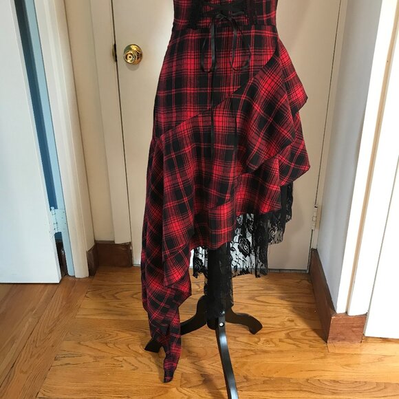 Punk Goth Vkei Red & Black Plaid Tartan Asymmetrical Hem Dress - Picture 6 of 12